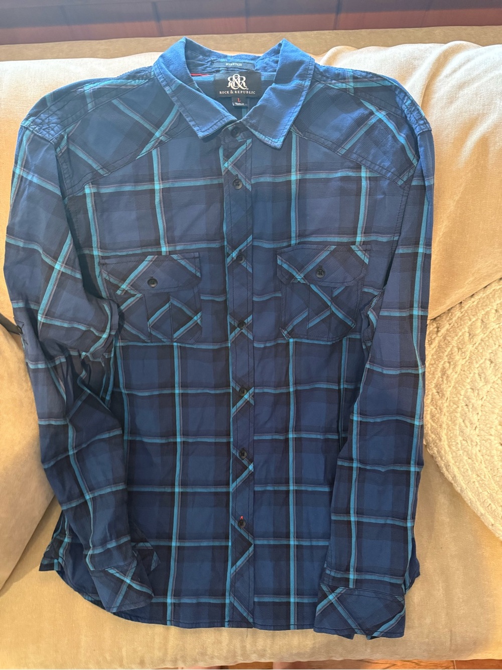 Rock & Republic Navy and Teal Plaid Button-Down Shirt
